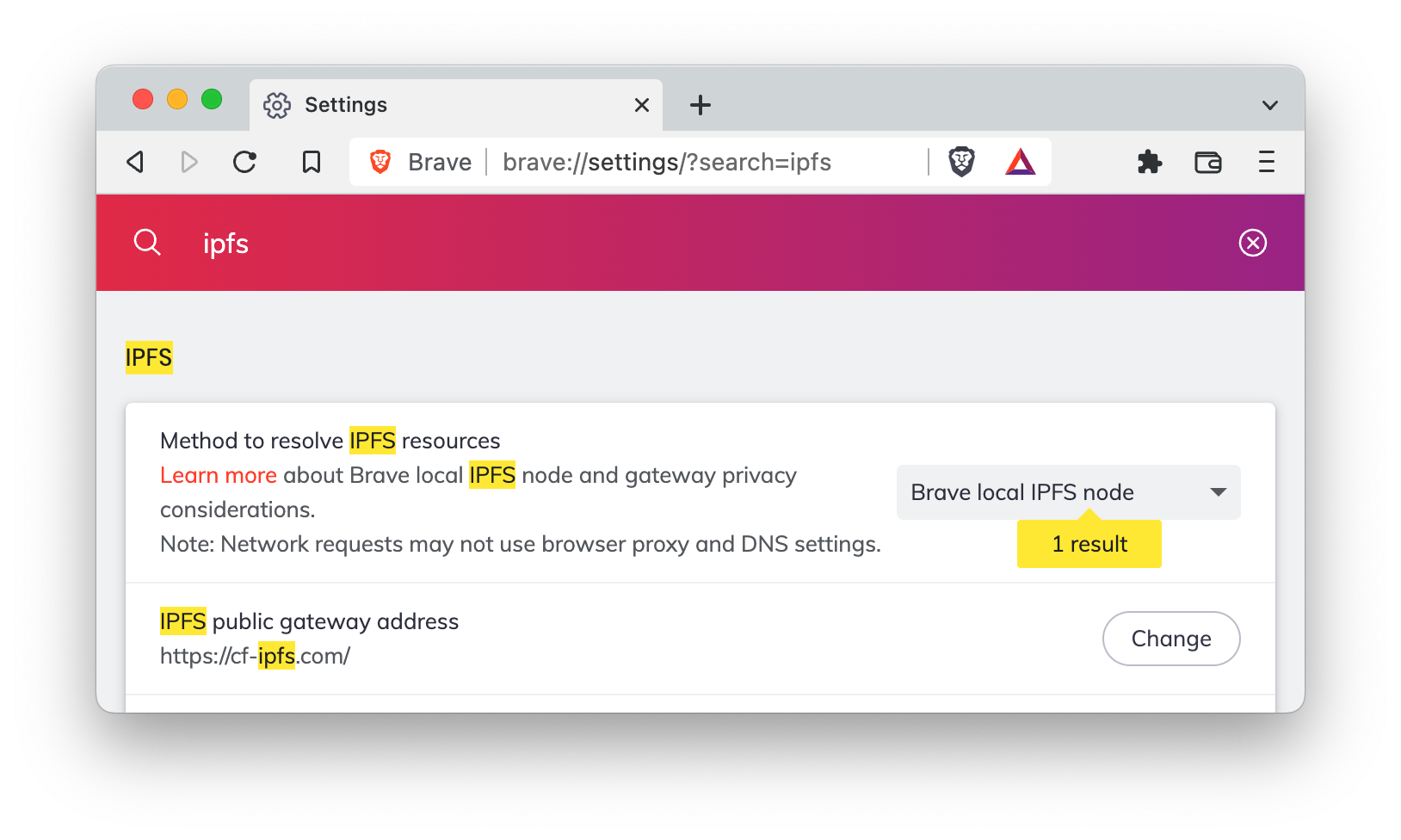 Brave settings: IPFS